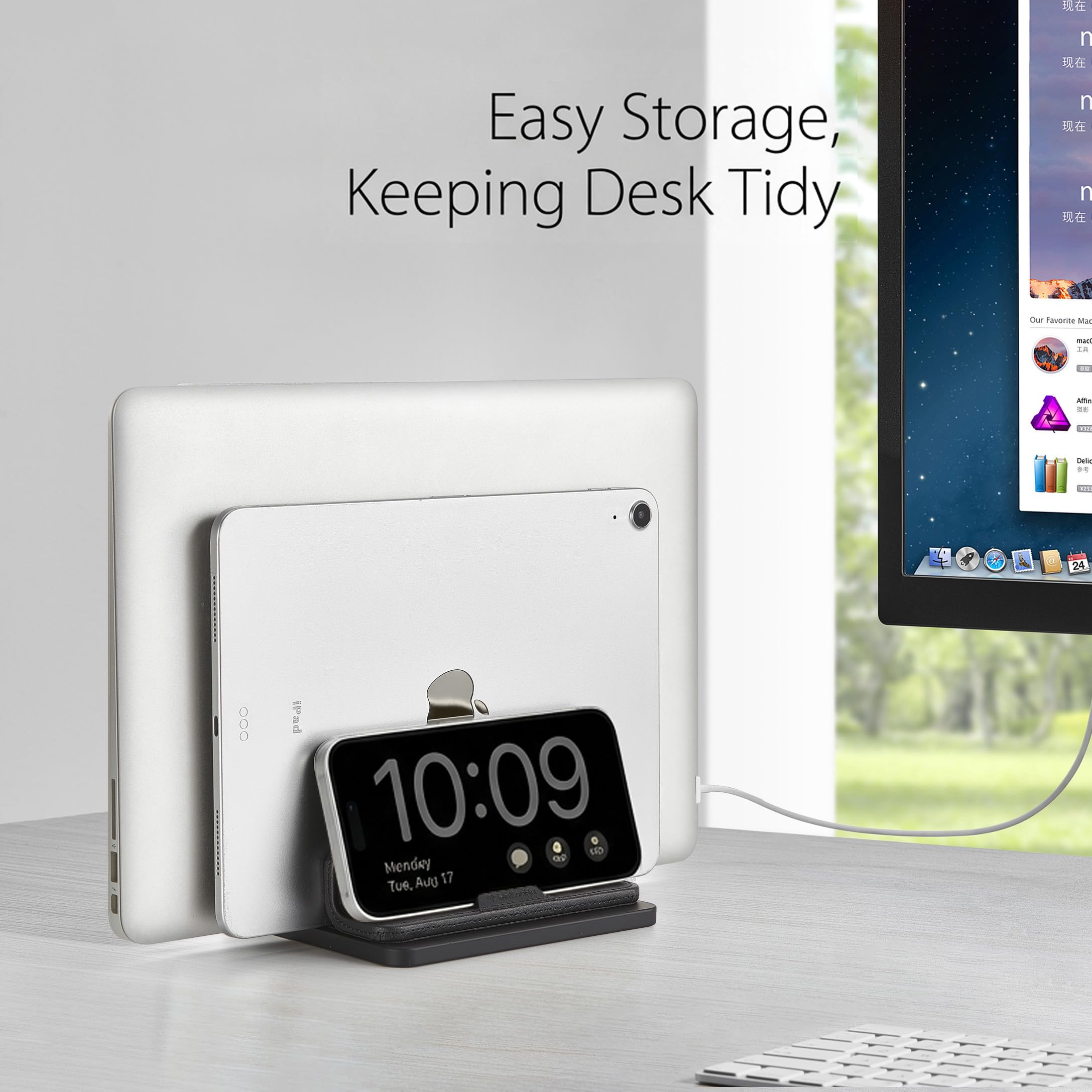 Supporto verticale doppio per laptop, 3 in 1, supporto verticale da scrivania con dock regolabile (fino a 43,3 cm), organizer da scrivania in pelle per telefono, tablet, MacBook, HP, Dell, Chrome Book