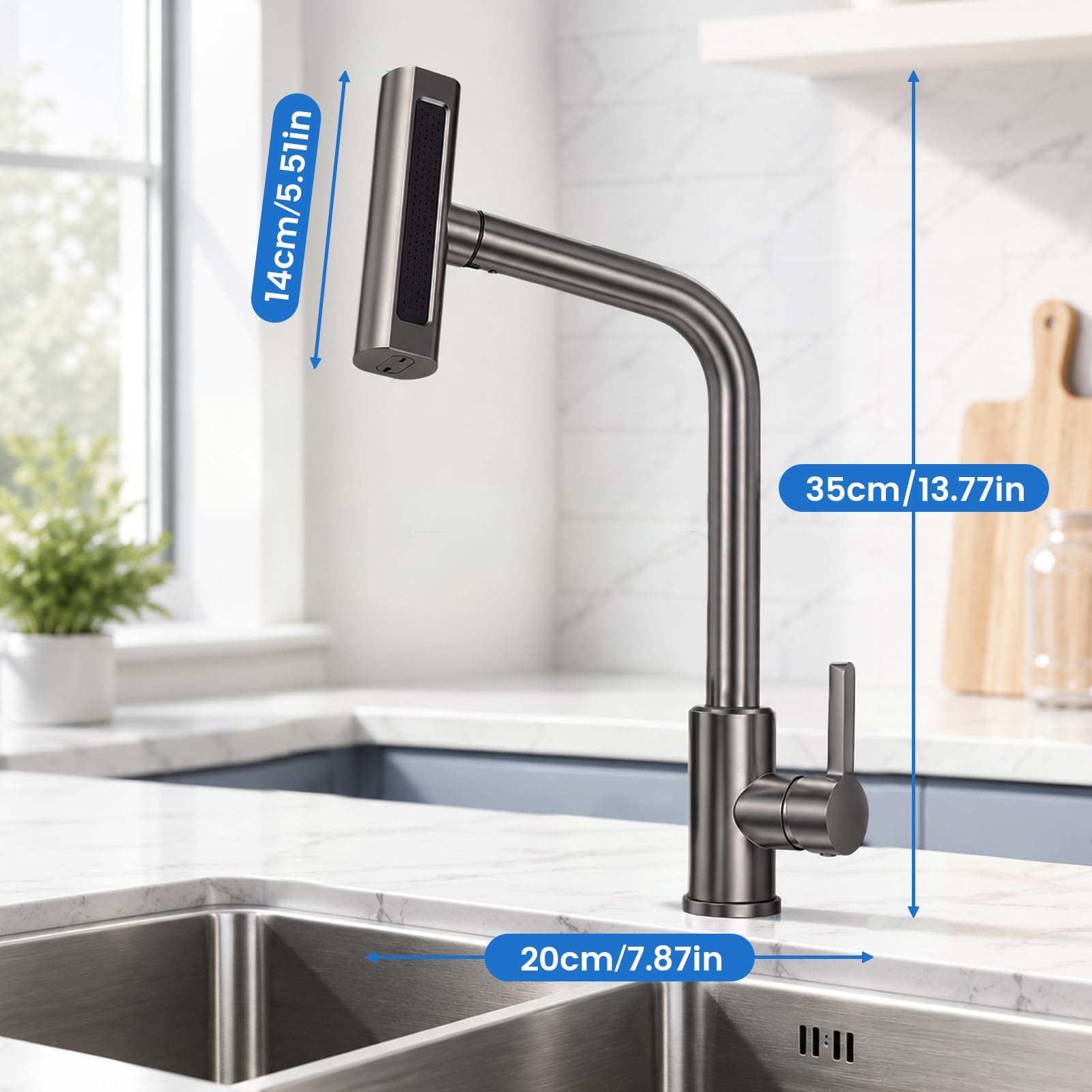 Grifo de cocina extraíble, grifo de cocina con ducha extraíble de 4 modos, caño giratorio 360°, cabezal de ducha extraíble, mezclador de alta presión de acero inoxidable 304 para agua fría y caliente