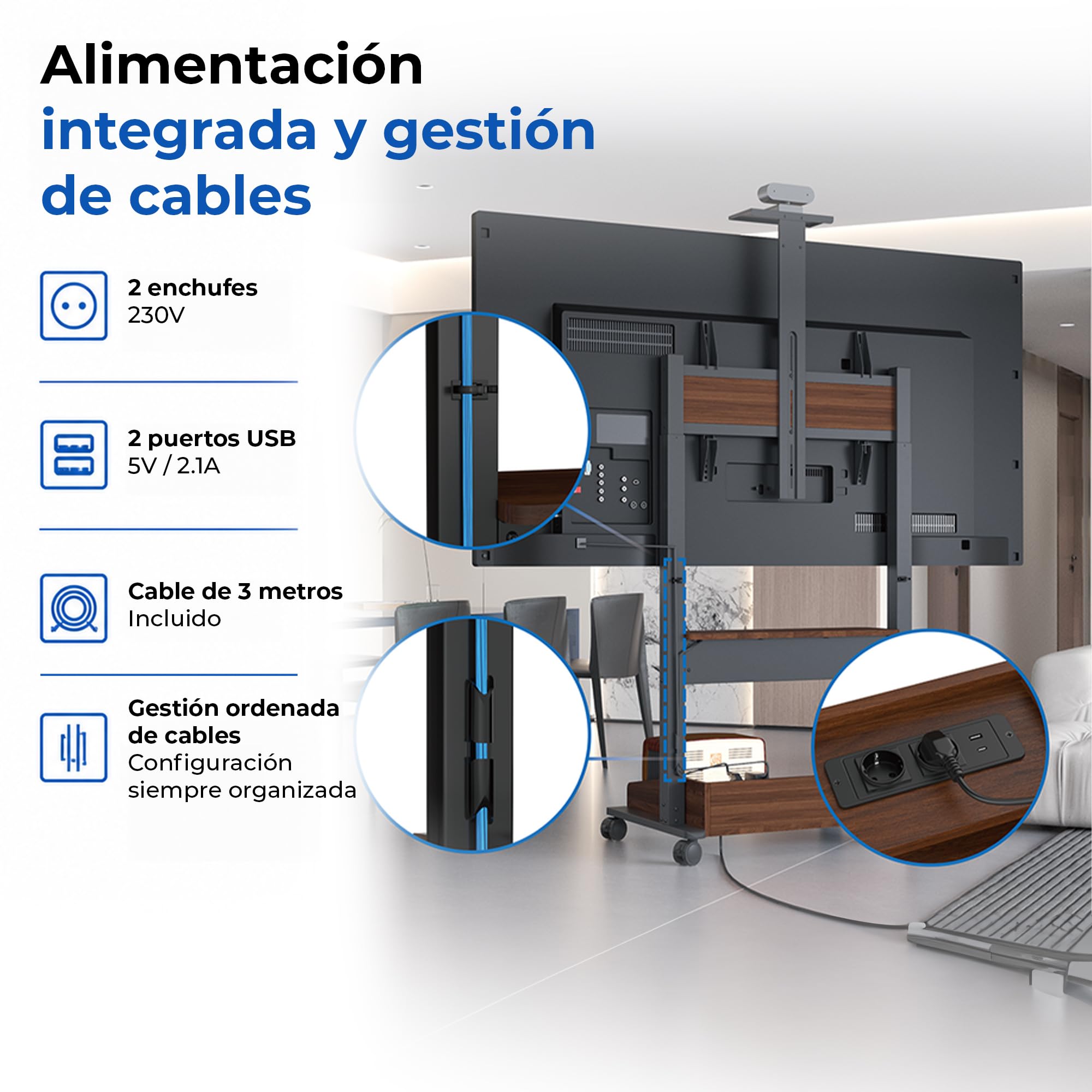 DQ TV Elevador Zelos eléctrico para TV de 37 a 85 Pulgadas Soporte de Enrollable, regulación de Altura Mediante Mando motorizado de Carga hasta 70 kg, 3 estantes y regleta de enchufes, Nogal Negro