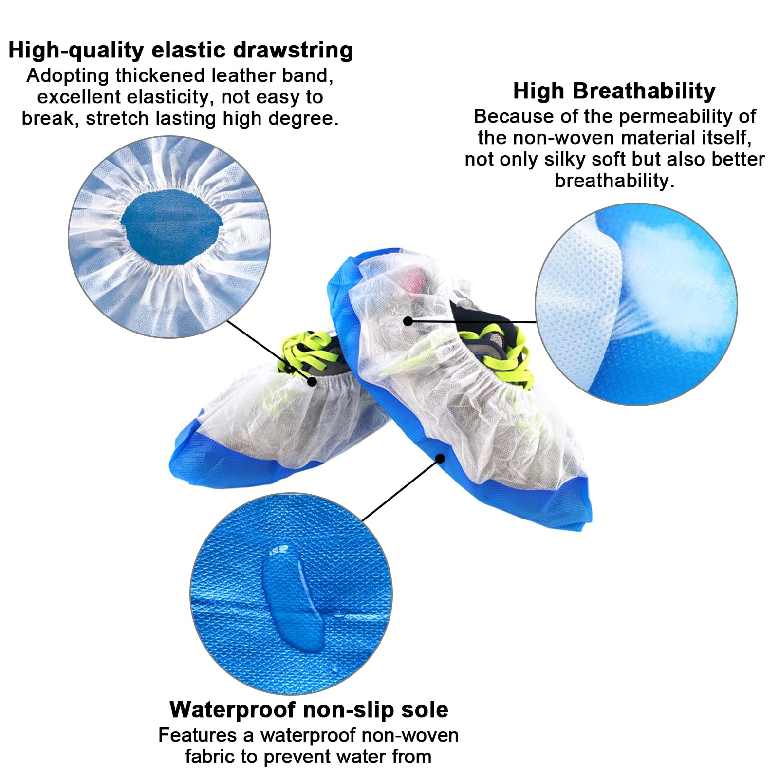 50 x Couvre-chaussures jetables, Couvre-chaussures réutilisables, CPE+PP Couvre-chaussures antidérapant imperméable, bleu/blanc Couvre-chaussures élastiques pour toutes les tailles (9,9g)