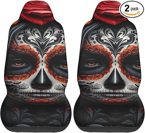 2 Pack Sugar-Skull-Face-Roses Car Seat Covers, Elastic Automotive Seat Slipcovers, Protects Seats from Stains and Pets, Good for Everyday Use