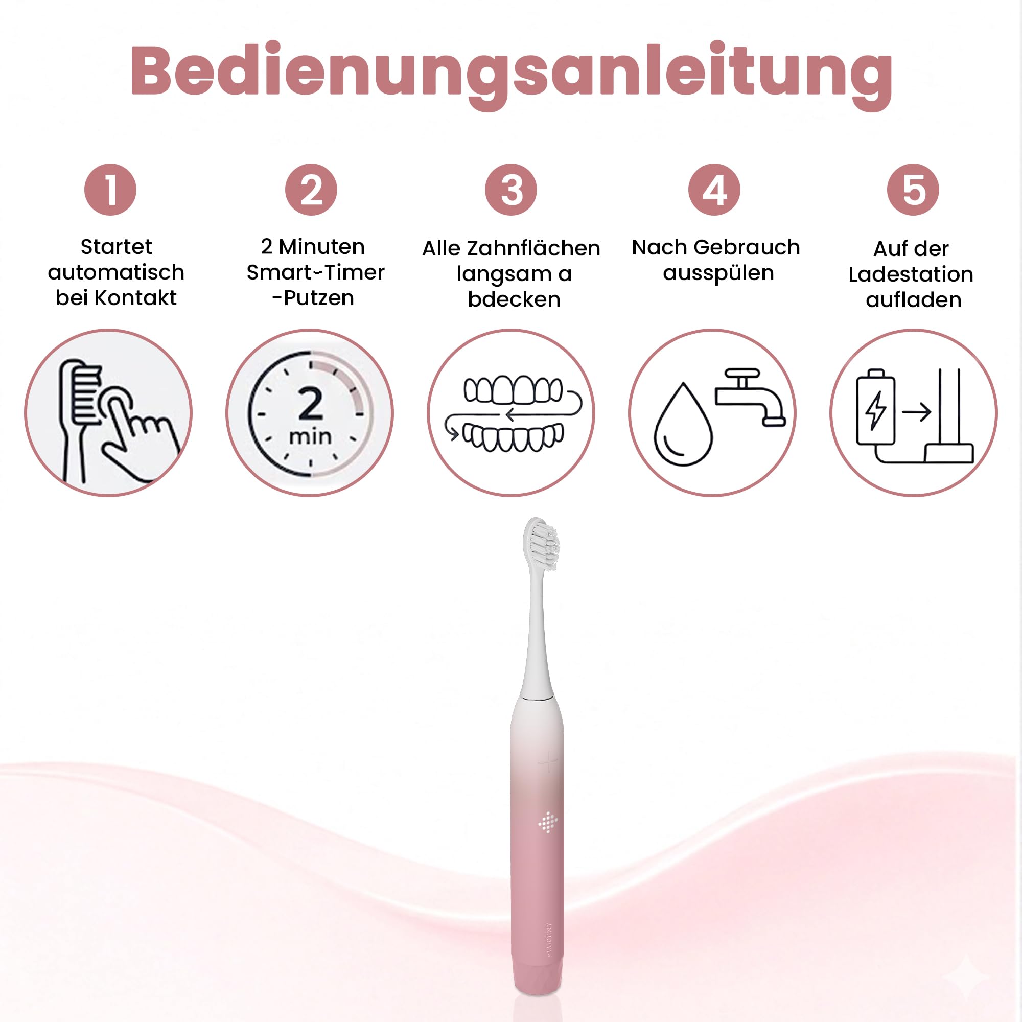 Prism Elektrische Zahnbürste – Schallzahnbürste mit 3 Reinigungsmodi, Smart Timer, Drucksensor, kabellosem Laden, IPX8 wasserdicht, 60 Tage Akku, Rosa