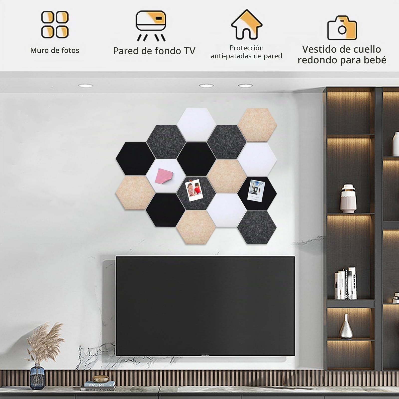 Pared Fieltro Hexagonal Autoadhesivo,Tablero de Corcho 16 Stück 15x17cm Tablón de Anuncios con 60 Chinchetas, Multifunción Azulejos de Fieltro &Paneles de Pared