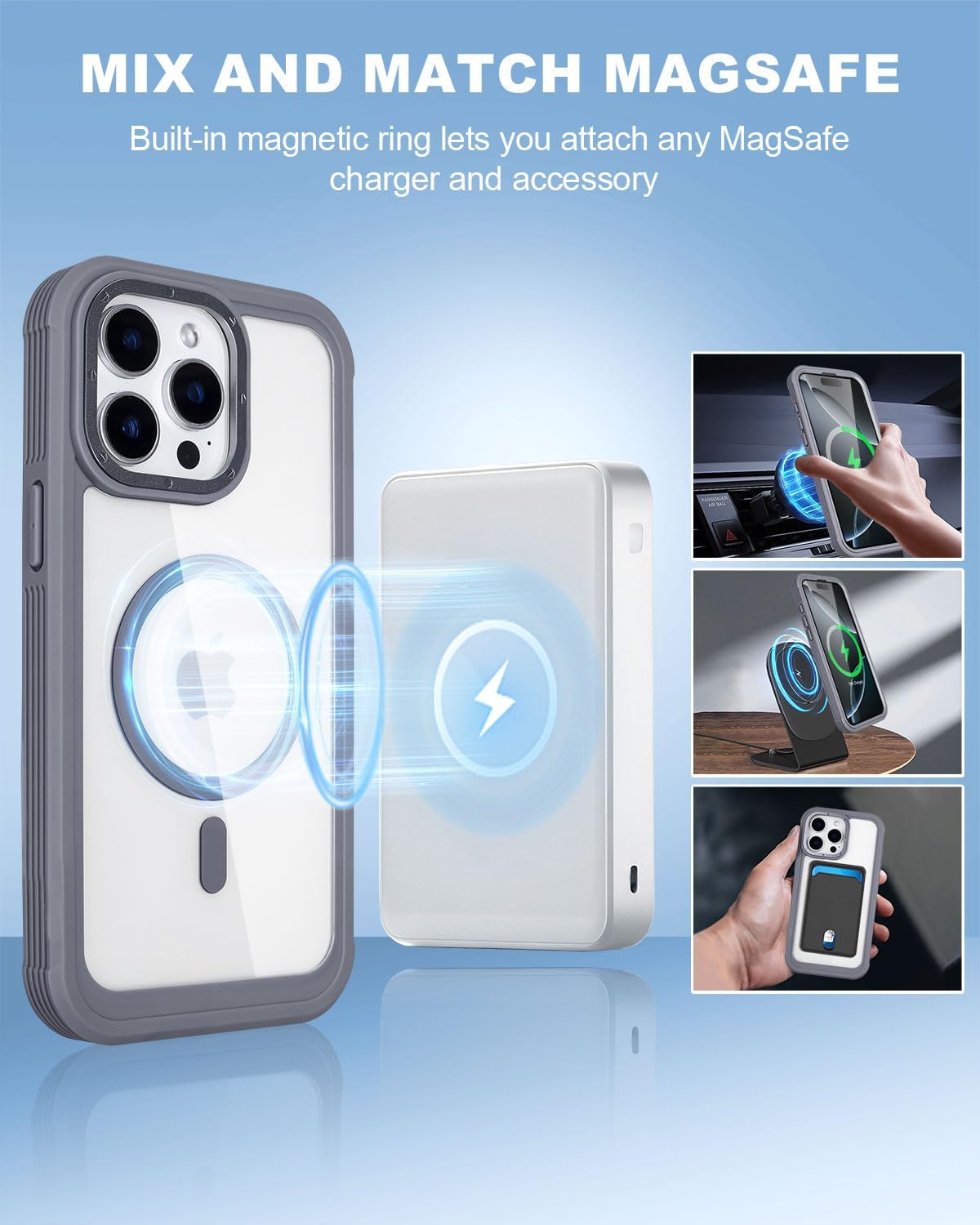 Defender for Clear iPhone 13 Pro Max Case with Belt Clip Holster, Compatible with MagSafe, Anti-Yellowing, Full-Body Phone Cover for iPhone 13 Pro Max Case (Clear & Grey) - Image 3