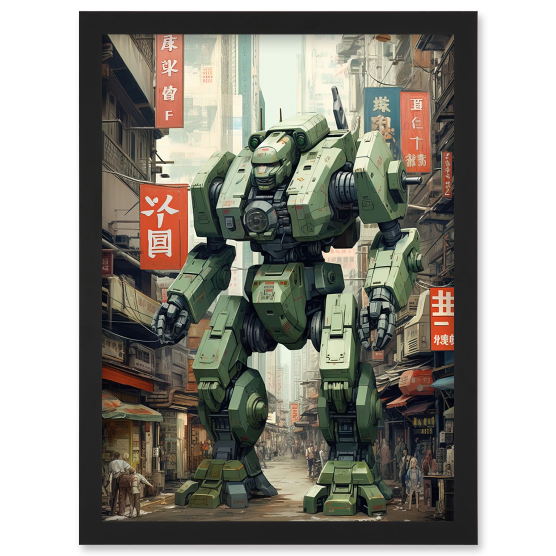 Artery8 Mecha Robot in City Street Anime Sci-Fi Artwork Red Green Giant Humanoid Machine Fantasy Science Fiction Artwork Framed Wall Art Print A4