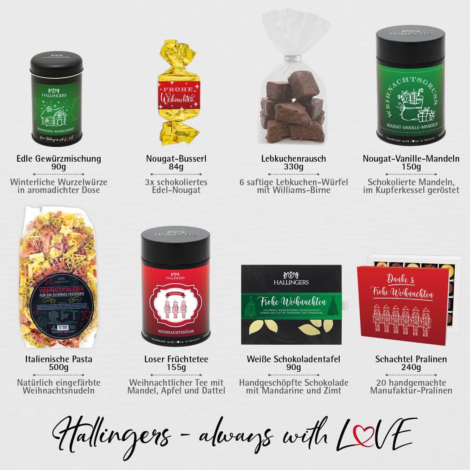 Hallingers Genuss Manufaktur Feinkost Weihnachts-Geschenk-Set - XXL-Geschenkkorb "Frohe Weihnachten" große Selektion Pralinen, Pasta, Lebkuchen, Nougat, Duftkerze, Tee & mehr, Weihnachten für Frauen