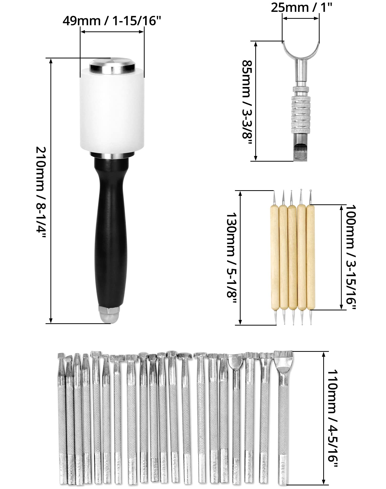 QWORK® 27 Pezzi Kit di Strumenti Artigianali in Pelle, Timbro e Martello in Nylon, Coltello da Intaglio, per Realizzazione Artigianale in Pelle