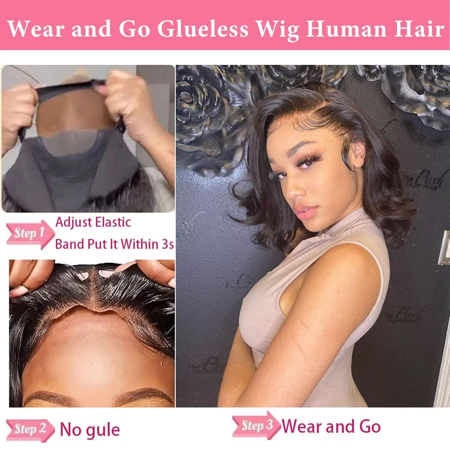 20 Inch Glueless Wig Human Hair Pre Cut Wear and Go Pre Plucked 5x5 180% Density Body Wave Lace Front Human Hair Wigs for Black Women Natural Black Color - Image 4