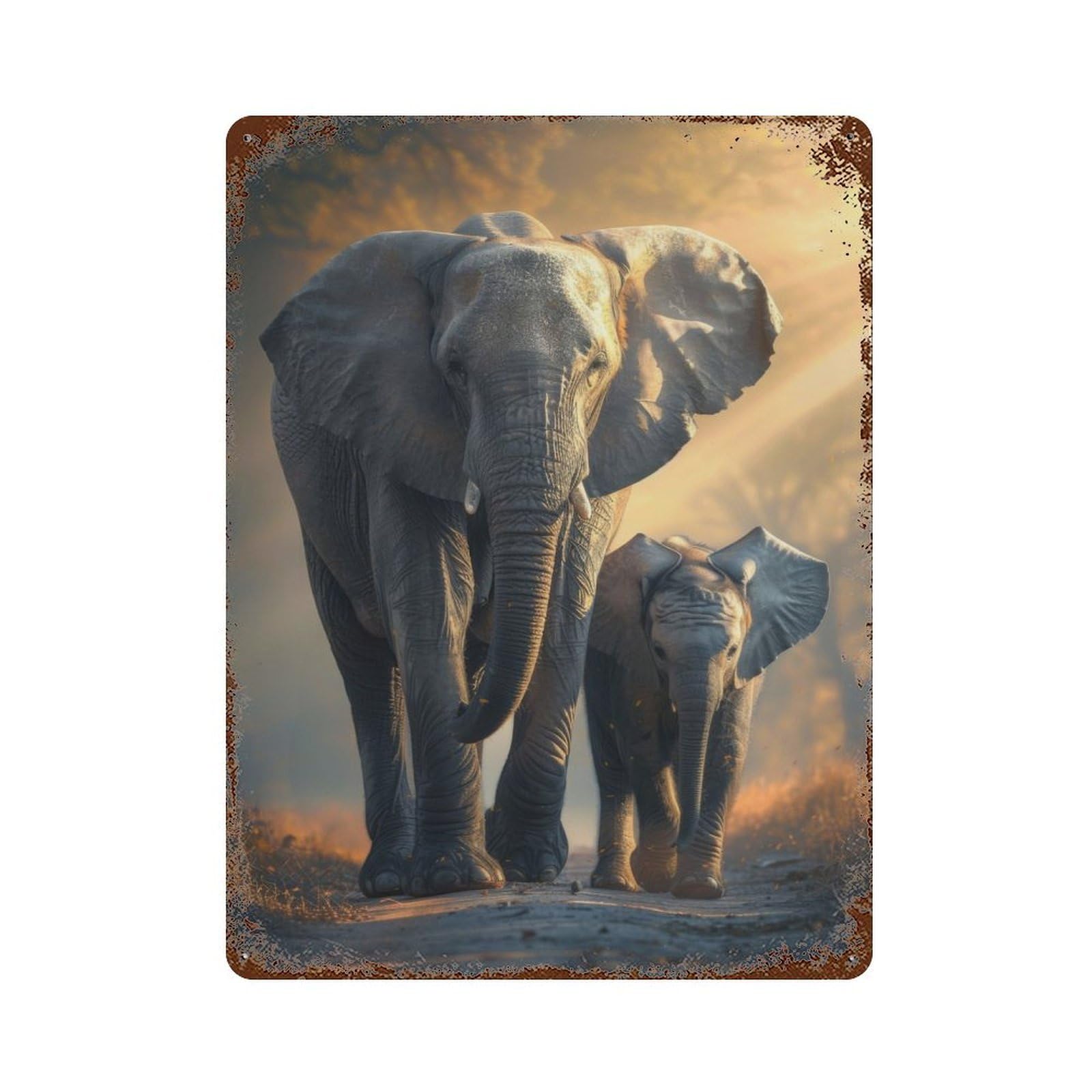 Elephant Animal Family Rustic Tin Plaque 15.7"x11.8", for Living Room, Hallway And Home Decor, Decorative Metal Wall Art