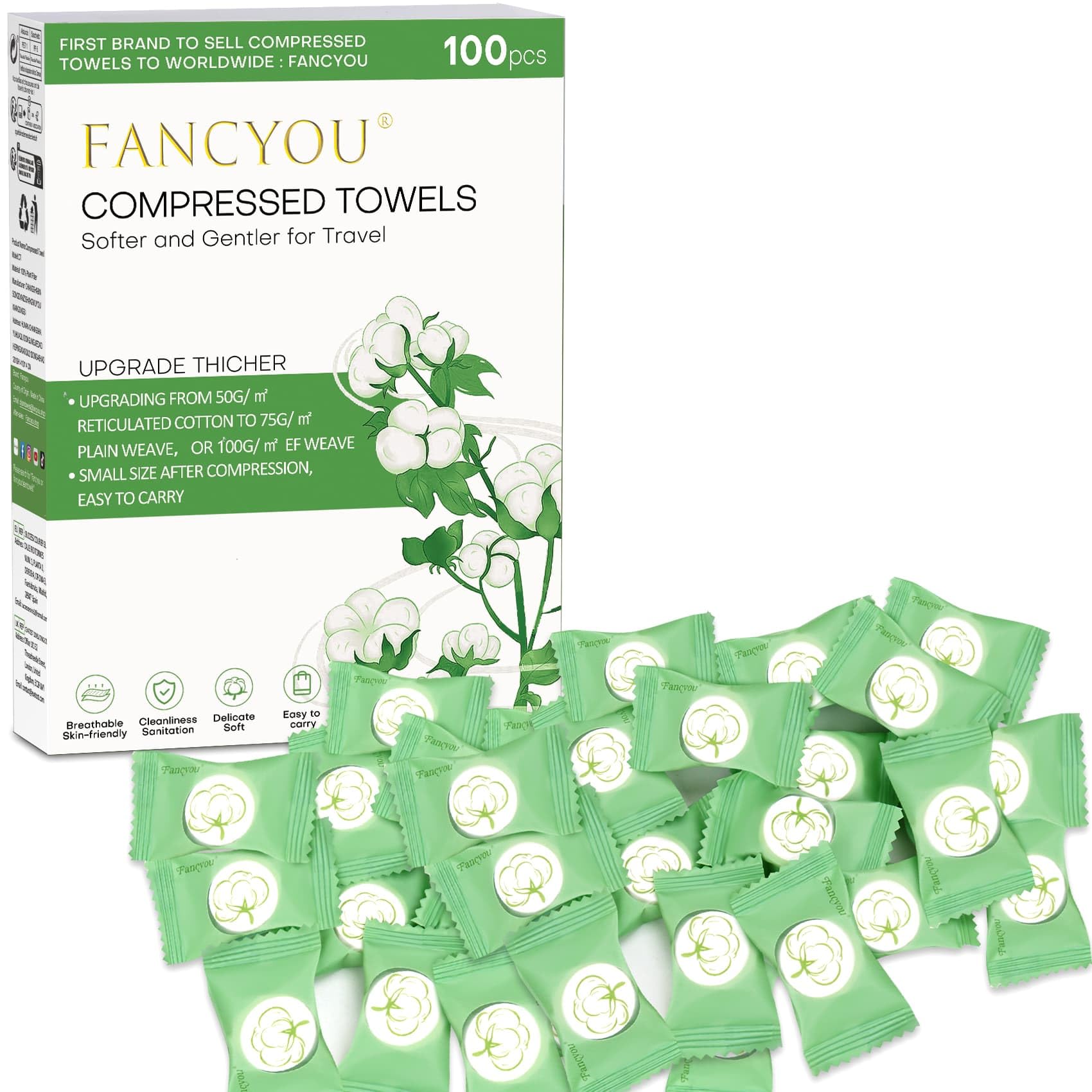 Compressed Towel Tablets for Travel 100 Pcs, Thicken Disposable Face Towel Individually Wrapped, Compact Portable Mini Reusable Clean Cotton Washcloths for Camping Gym Home Beauty(Green)