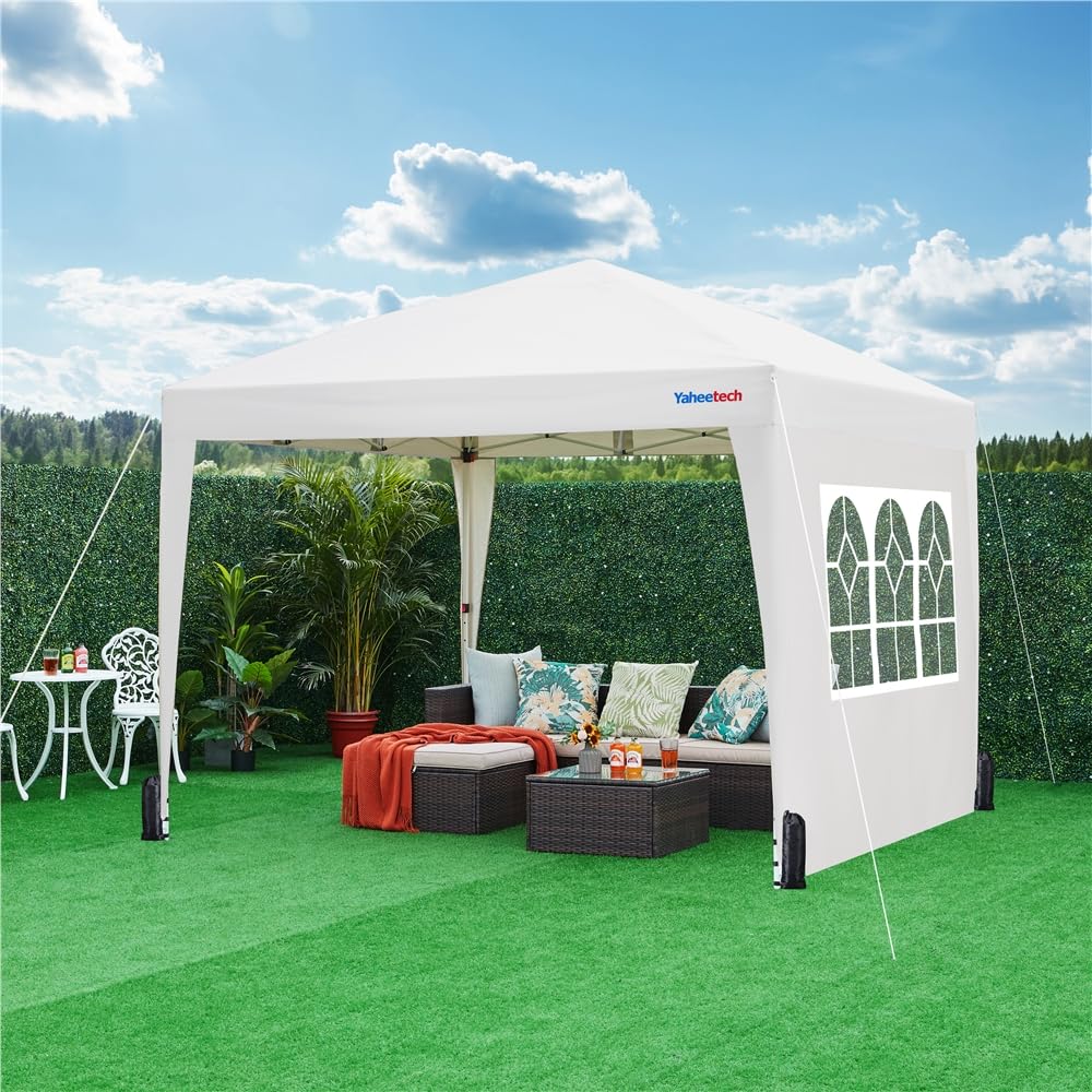 Yaheetech Tonnelle de Jardin Pop-up 3x3m avec 4 Parois Latérales Blanc | Hauteur Réglable Cadre Métal Résistant Parois avec Fenêtres Transparentes Sac à Roulettes, pour Mariage Fête Camping Jardin