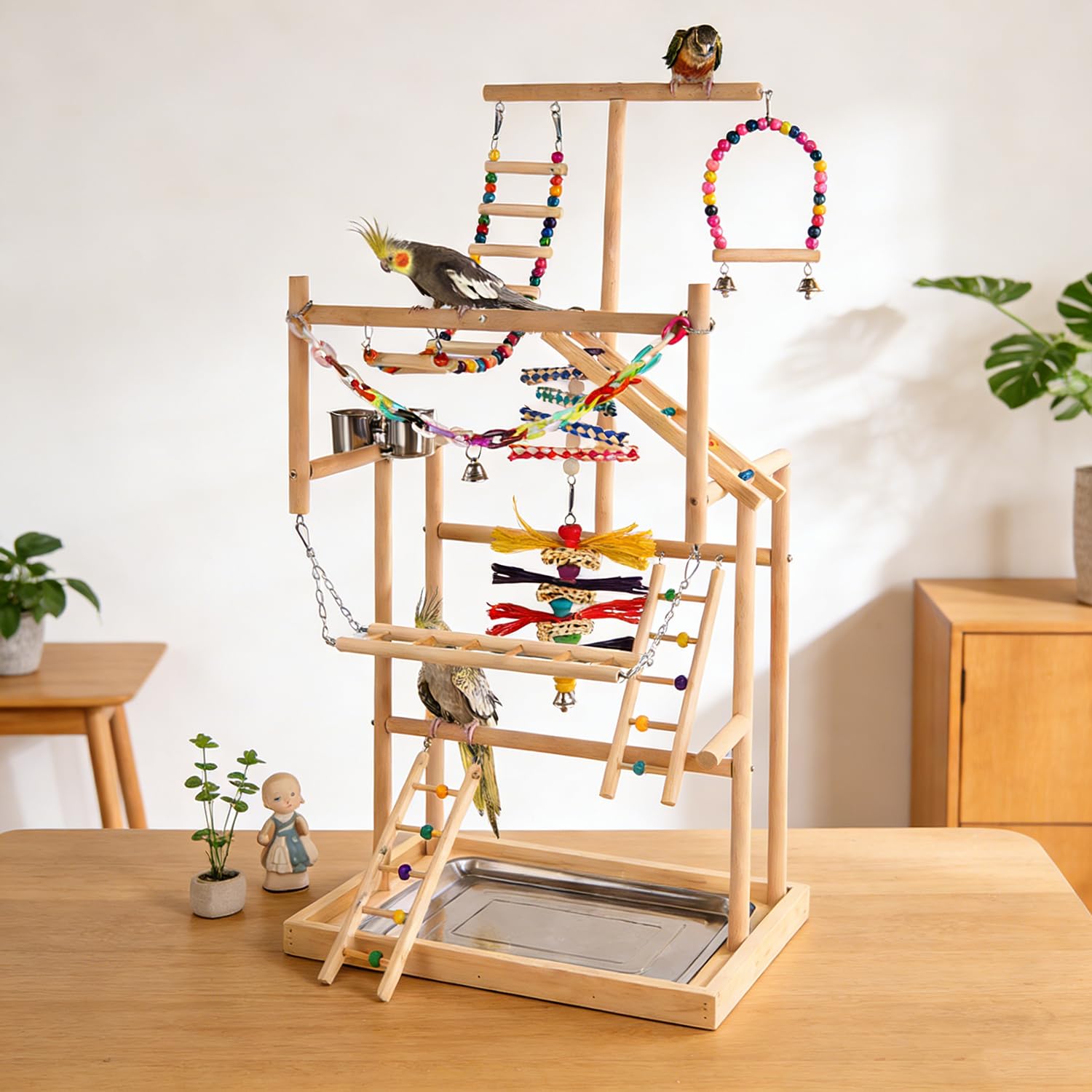 Parque Infantil de Cacatúas,con Comederos de Acero Inoxidable, Cadena de Plástico de Colores para Mascotas, para Loros y Otros Pájaros,94.5 * 48 * 33.5cm
