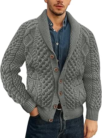 Runcati Mens Shawl Collar Cardigan Sweater Button Down Textured Knit