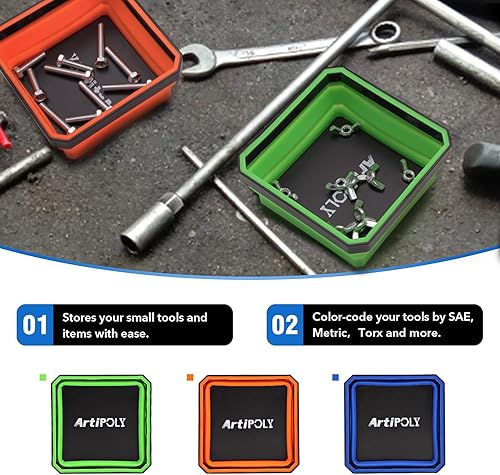 Miniatura 3 de Juego de bandejas magnéticas plegables, paquete de 3 bandejas de herramientas magnéticas de silicona plegables para pernos, tornillos, tuercas y