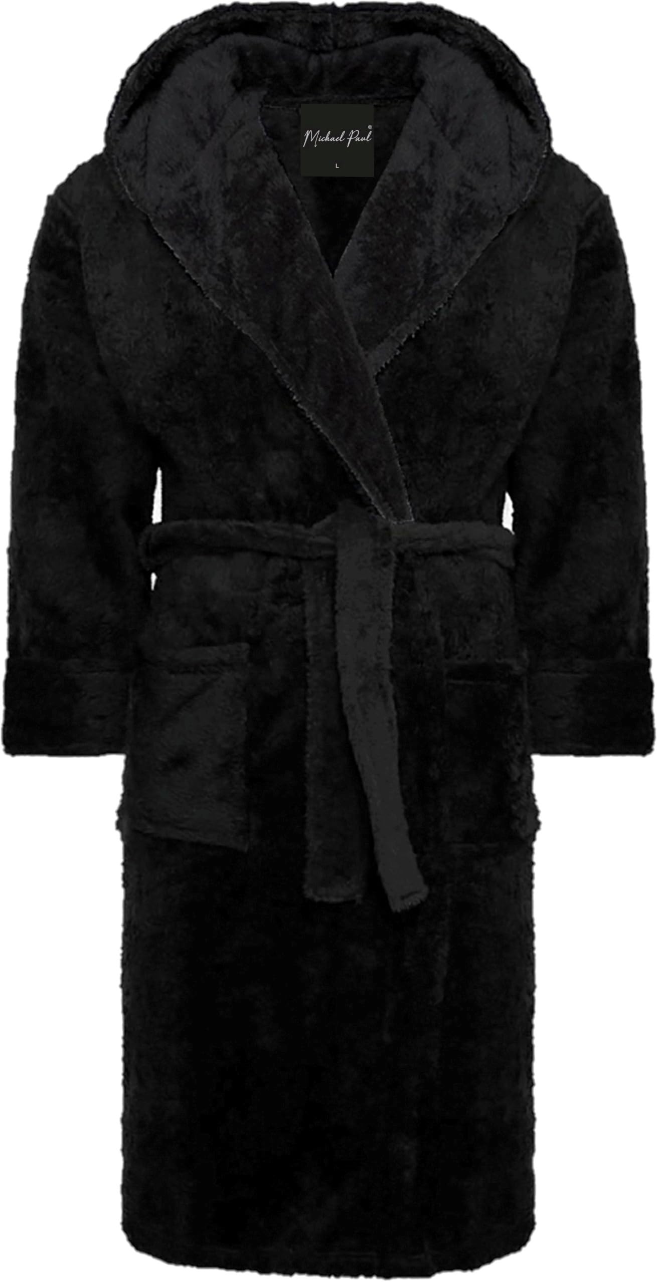 Michael Paul Men's Black/Black Dressing Gowns For | Super Soft Snuggle Hooded Dressing Gown In | Warm And Cozy Fleece Nightwear Robe | Gifts For Him M