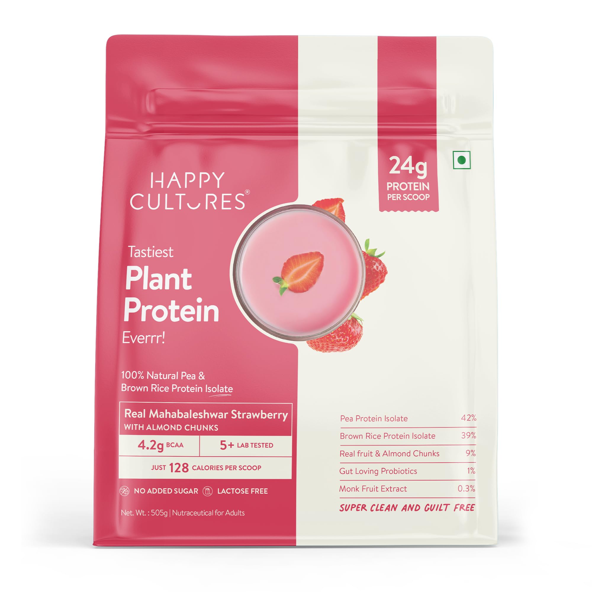 Happy Cultures 24g Tastiest Plant Protein| Mahabaleshwar Strawberry & Almond Chunks| No Added Sugar| Pea & Brown Rice Protein Isolate| Vegan| 20 Complete Amino Acids| Monk Fruit Extract| Women & Men| No Bloating, Easy to Digest| Dairy Free with Probiotics - 505g-image-39