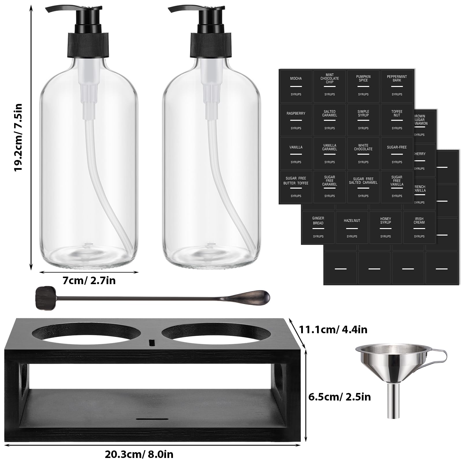 Youngcafe Glass Syrup Dispenser for Coffee Bars - 16.9 oz 500 ml Bottle With Storage Shelf and Spoon - Set of 2 Black Upgraded Pumps, 48 Labels