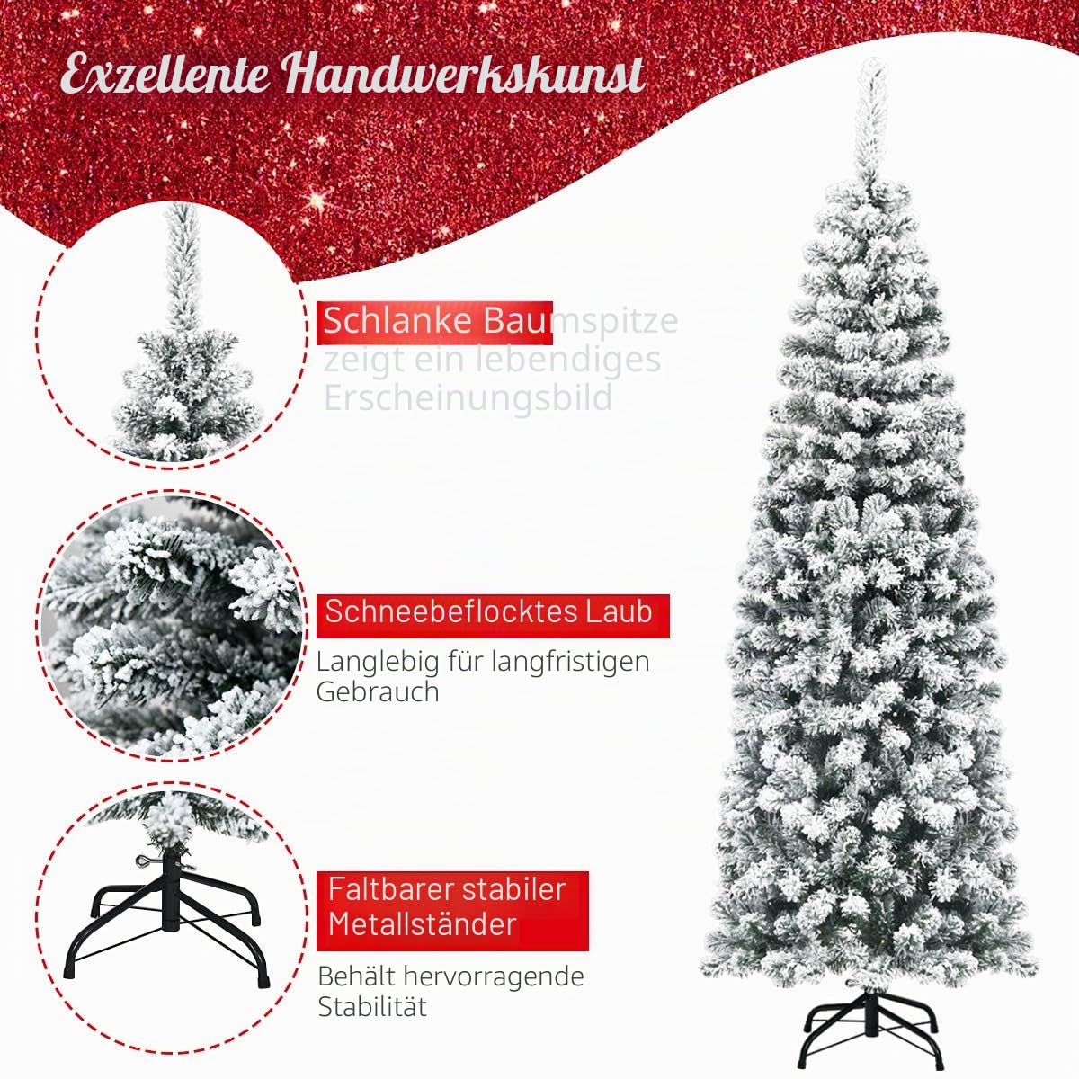 GIANTEX Weihnachtsbaum mit Schnee, Tannenbaum Künstlich 180 cm, Bleistift Weihnachtsbaum schmal, Christbaum Künstlich wie Echt, Christmas Tree, Klappsystem, Kunstbaum Dekobaum Weihnachten PVC Nadeln