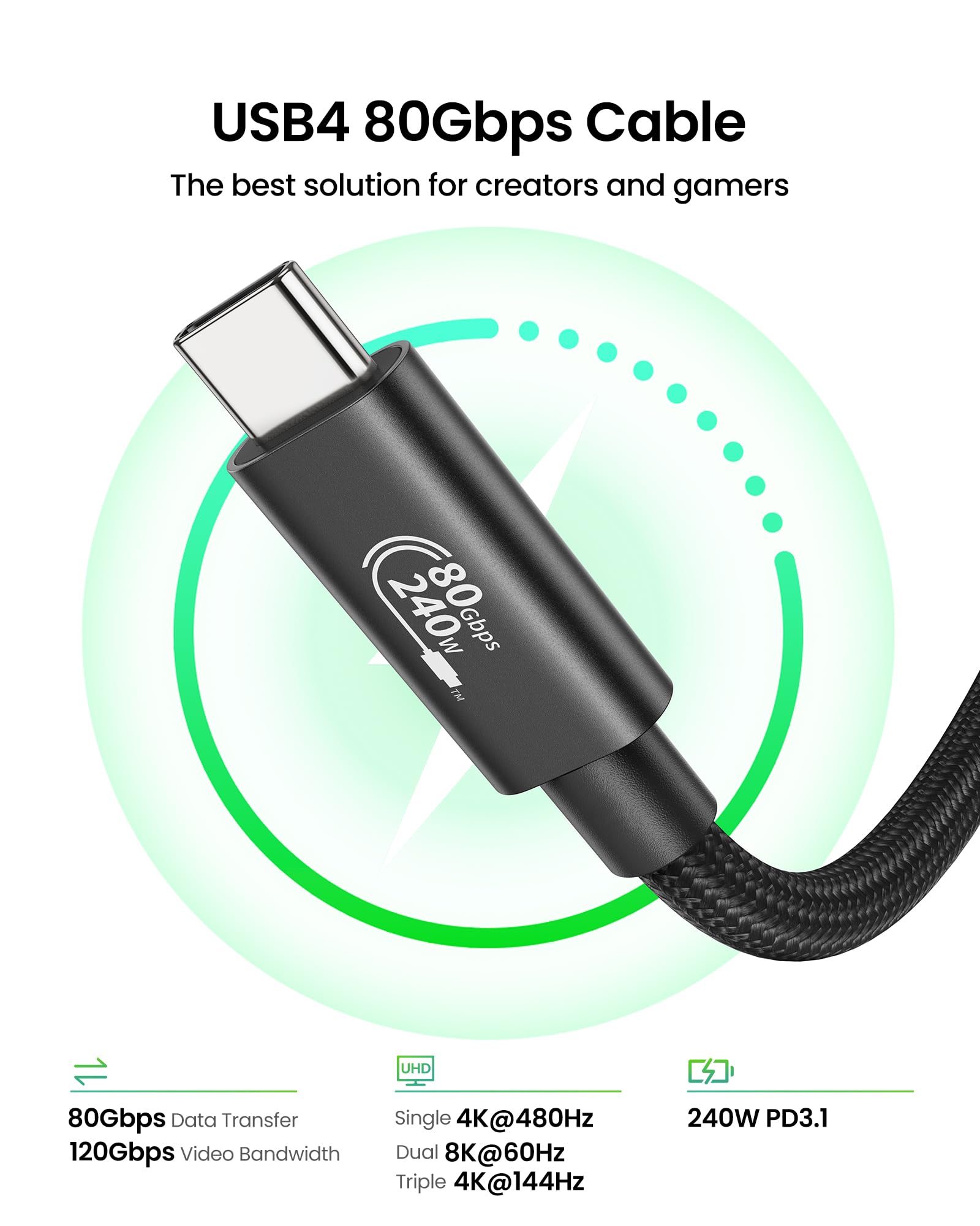 Fitee Cavo Thunderbolt 5 compatibile con 3 m, cavo USB 4 intrecciato in nylon da 80 Gbps (6 GB/s), larghezza di banda video 120 Gbps, singolo 8K a 120 Hz, doppio 6K a 60 Hz, 4K a 240 Hz, PD3.1 240 W