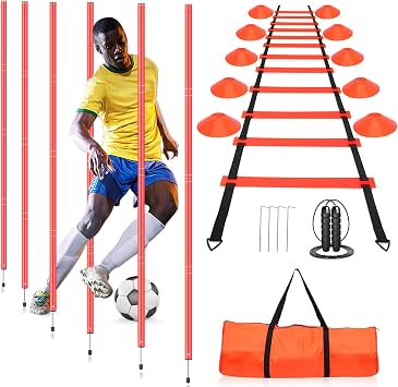 Football Agility Training Slalom Poles Set - Includes PolesSet of 6 Drills,Agility Ladder, 10 Soccer Cones,Jump Rope for Speed Training, Soccer Training, Basketball&Fitness