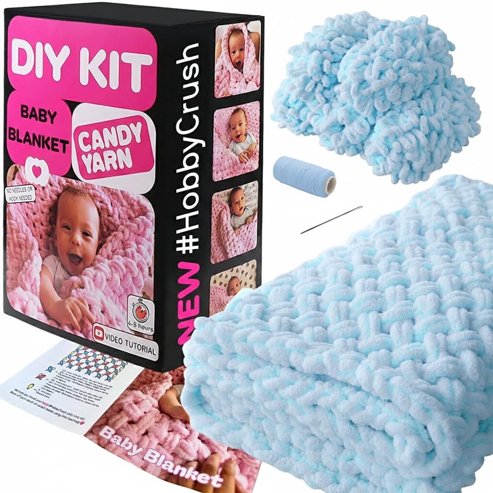 Anfänger-Bastelset - Easy Loop Garn Baby Decke Kit für Erwachsene & Kinder, DIY Armstrickset mit weichem Chenille-Garn, perfektes handgemachtes Geschenk (Blau)