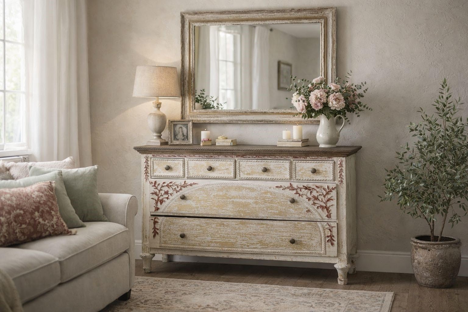 Keyhomestore | Cassettiera 6 cassetti in Legno Bianco Avorio 108x38x79 cm