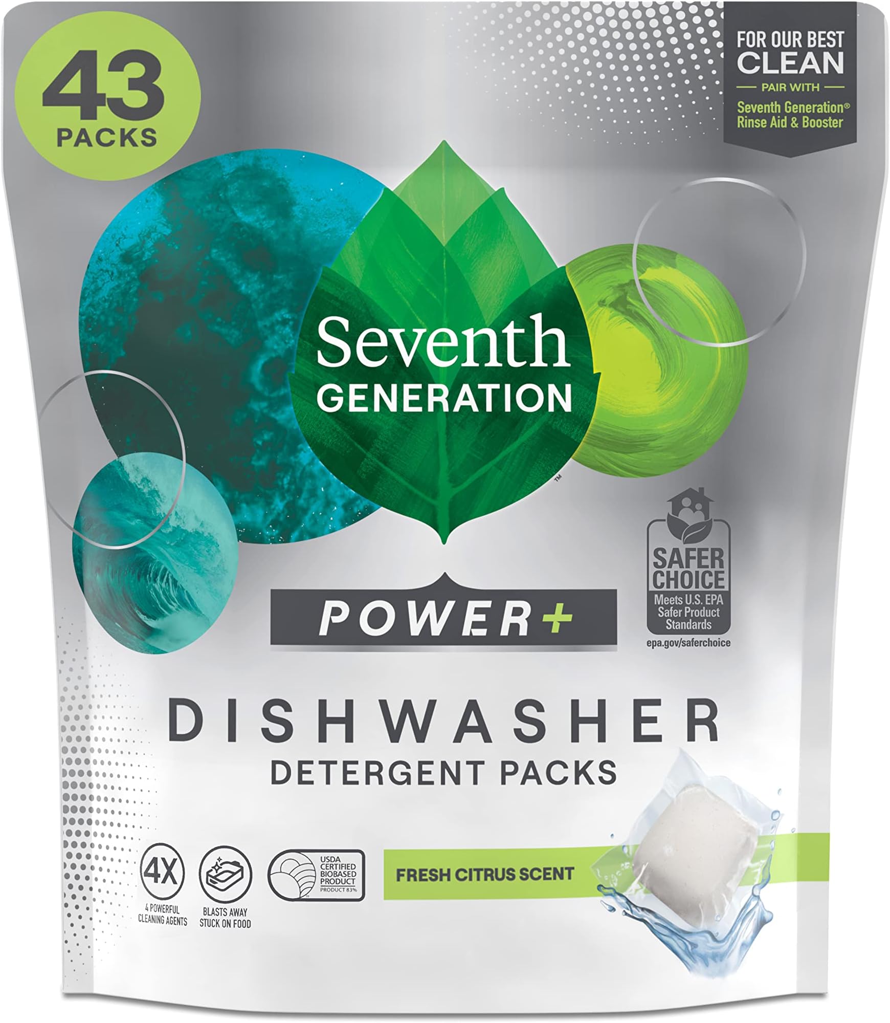 Seventh Generation Power+ Dishwasher Detergent Packs, Fresh Citrus Scent, 43 Count (Packaging May Vary)