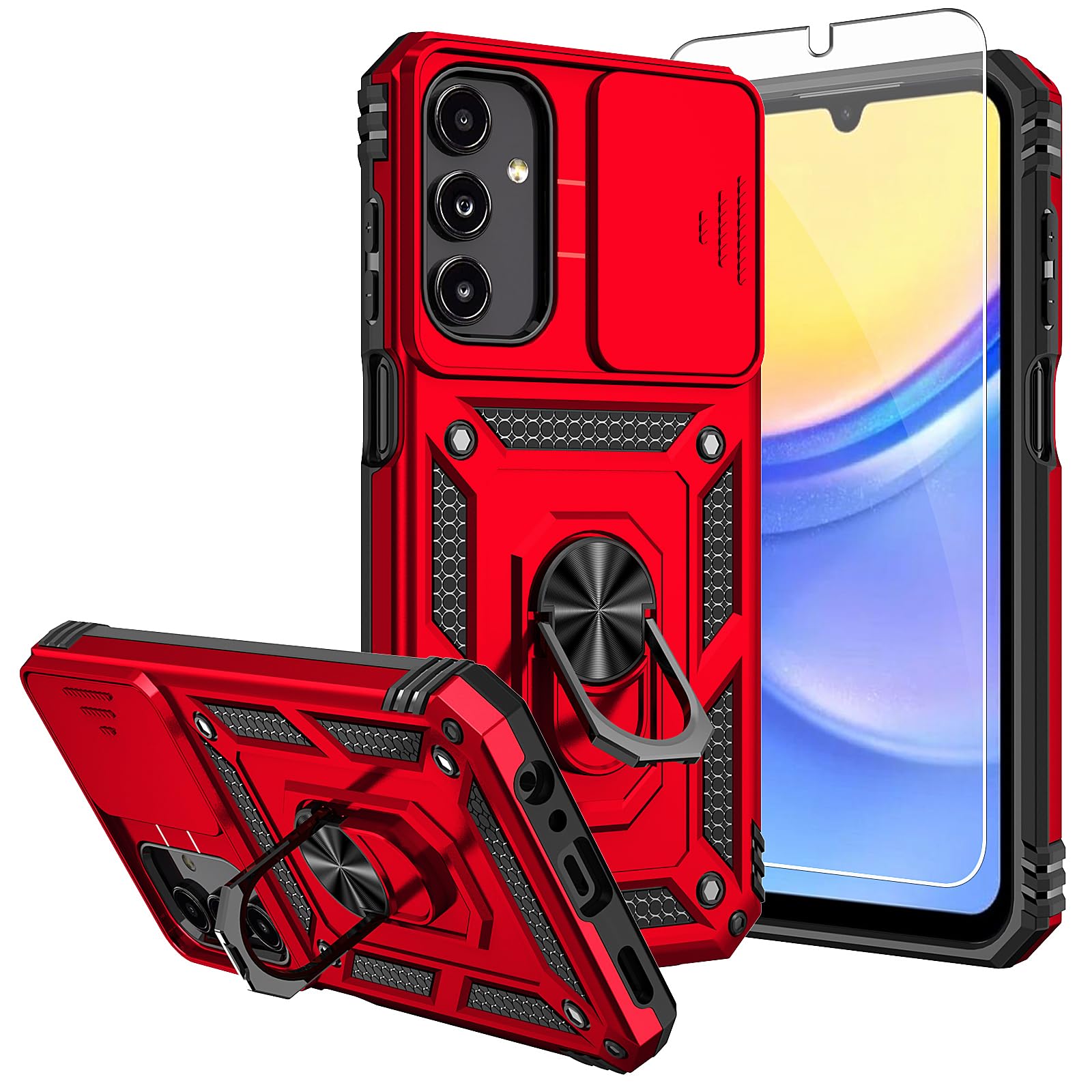 Photo 1 of for Samsung Galaxy A15 5G Case,with Screen Protectors and Camera Cover,[Military Grade] 16ft.Drop Tested Cover with Magnetic Kickstand Protective Case for Galaxy A15 5G, Red