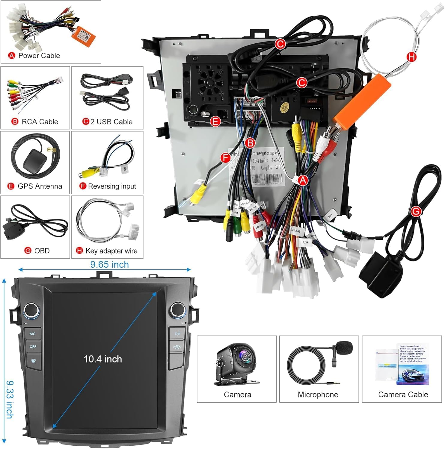 Contents of the WOWiViD Car Radio package including the main unit, various cables, GPS antenna, microphone, and backup camera.