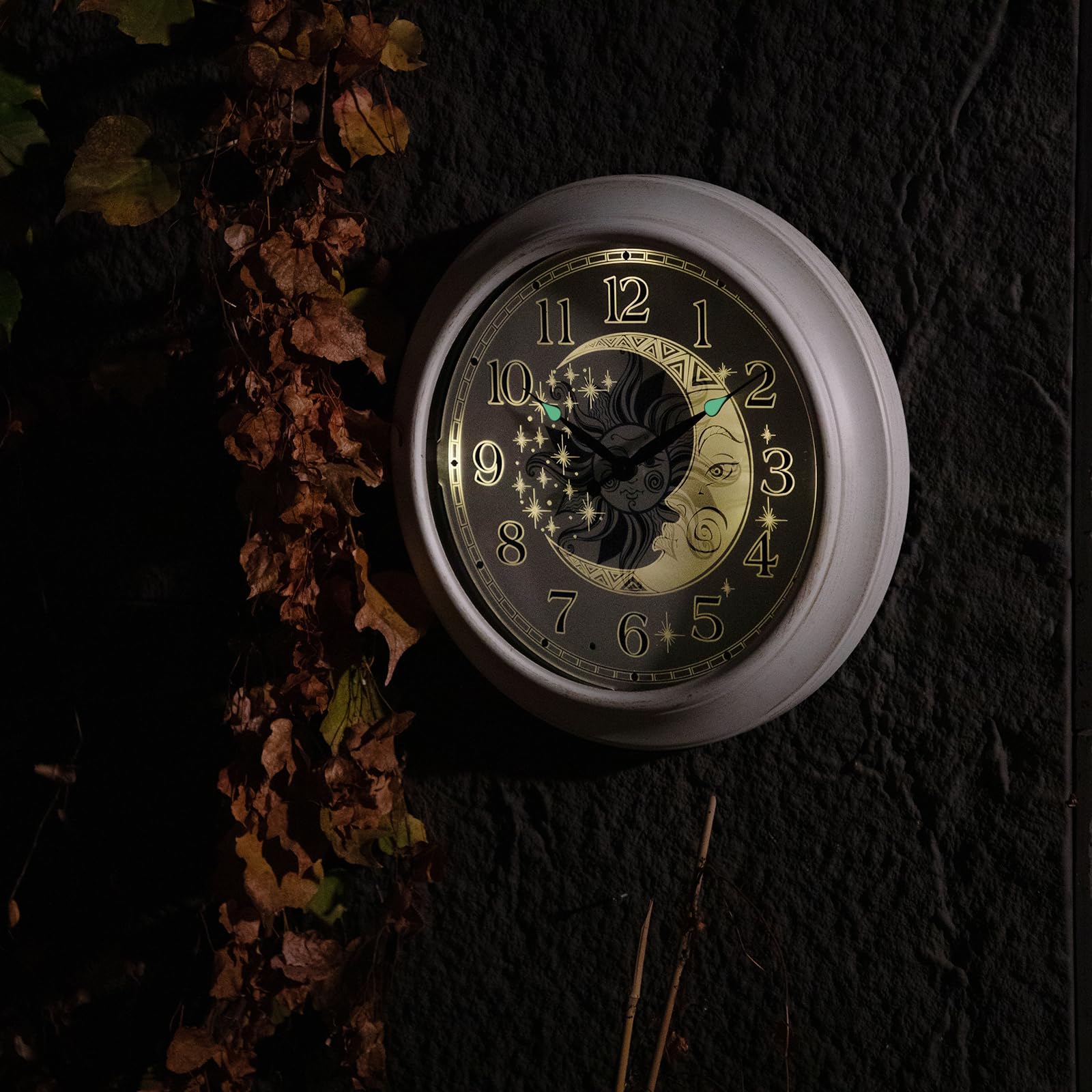 OCEST Outdoor-Uhr Garten Groß - Wetterfeste Wanduhr mit Thermometer, Wasserdicht, Geräuschlos, Batteriebetrieben, Dekouhr für Terrasse, Balkon, Pool & Patio | Batteriebetrieben, Sonnen- und Mond-Zifferblatt, wetterbeständig, Terrasse, Garten, Pool und Woh
