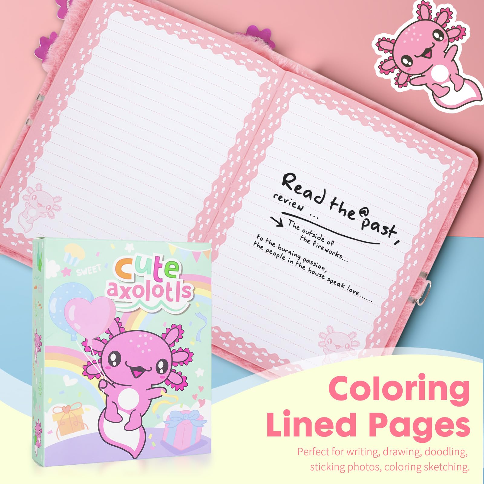 Pinkgarden Axolotl Plush Diary for Girls with Lock and Key Soft Furry Notebook with Salamander Design, 160 Pages - Image 4