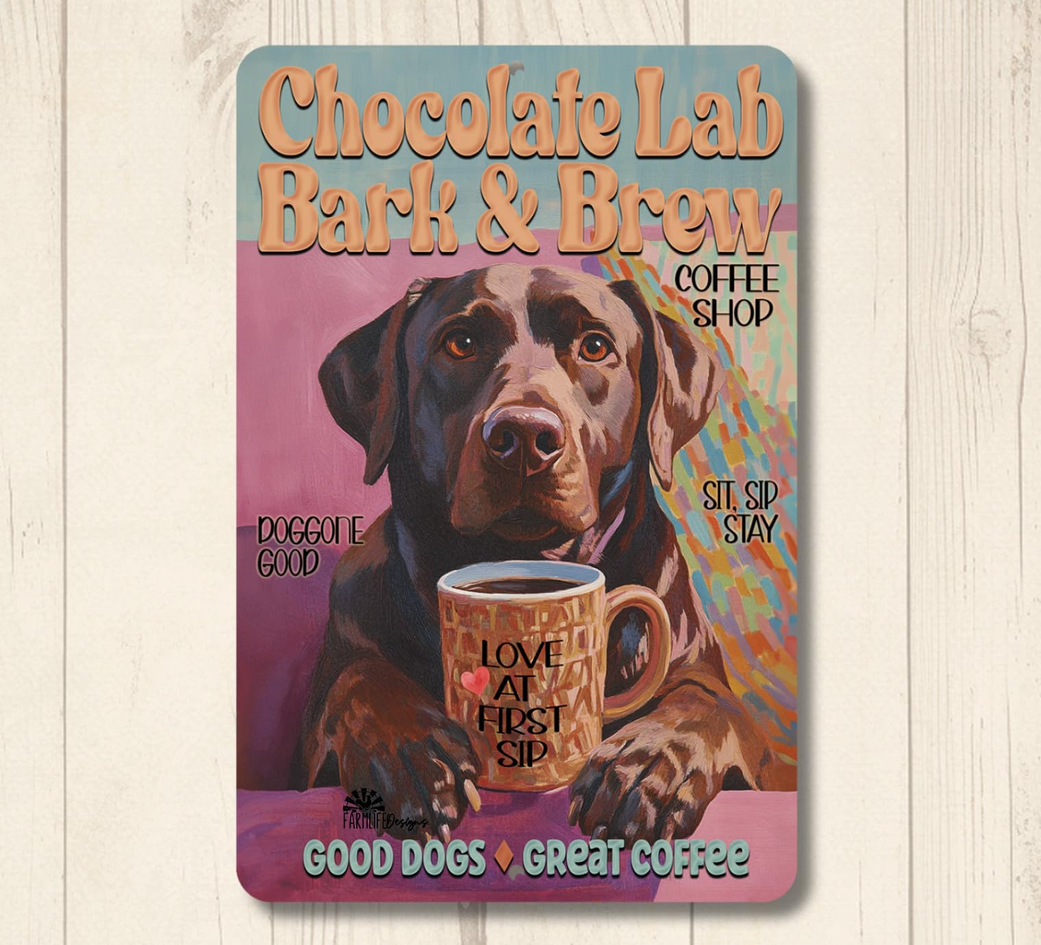 Chocolate Lab Coffee Bar Sign Bark & Brew labrador retriever funny metal tin home decor