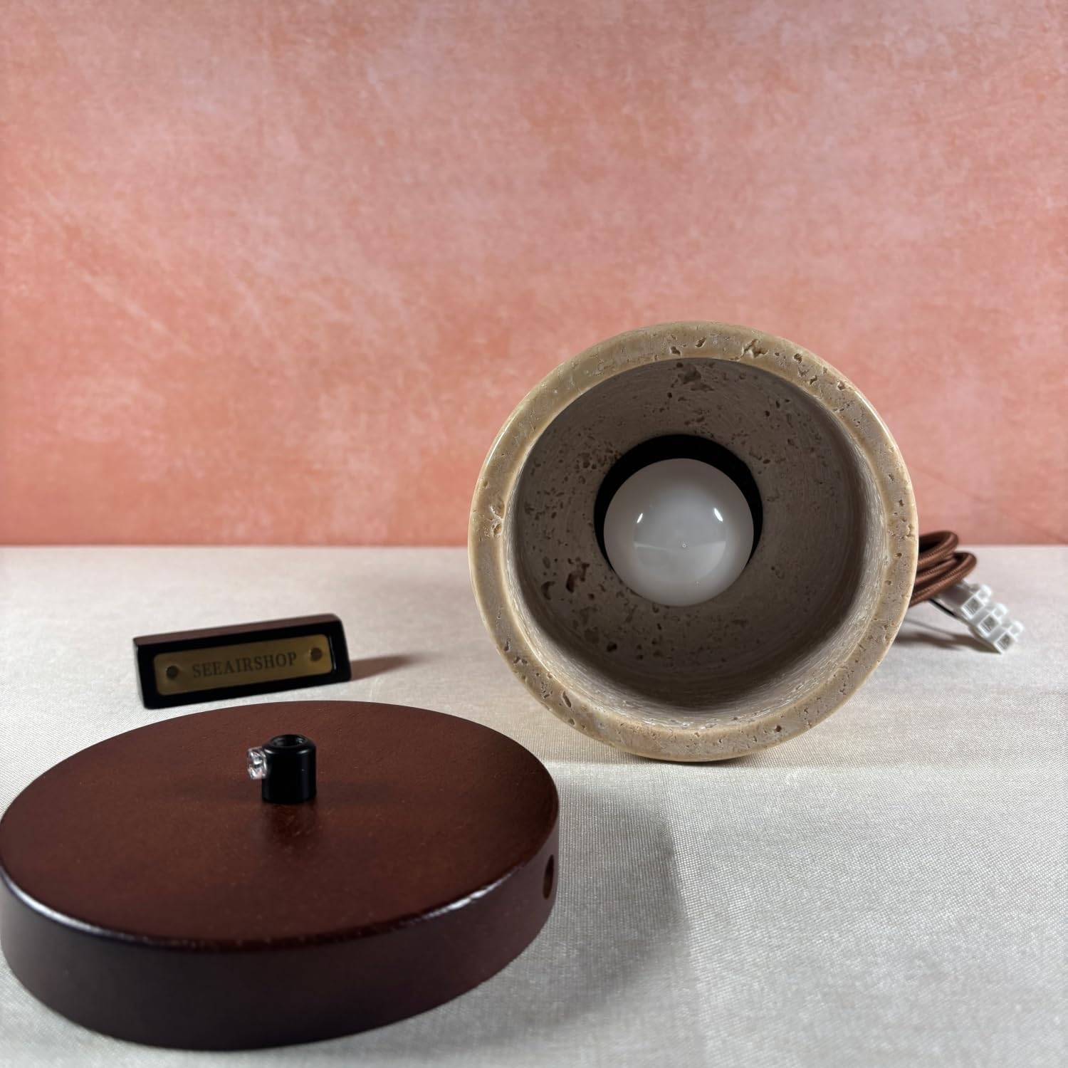 Natural Stone Shade Cylinder Pendant Light Walnut Wood Hainging Light Kit Retro Mini Pendant Lamp Nordic Pendant Lighting for Kitchen Island