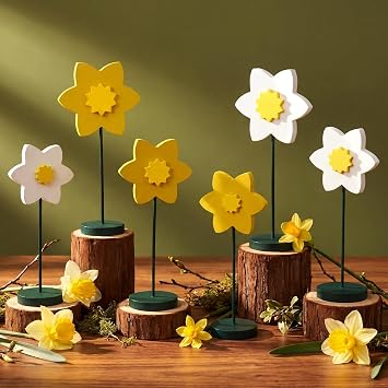 Yuntau 6 Set Spring Home Decor Daffodil Flower Decor Thank You Teacher Gift Wood Daffodil Table Centerpiece with Base Spring Decorations for Office, 3 Size