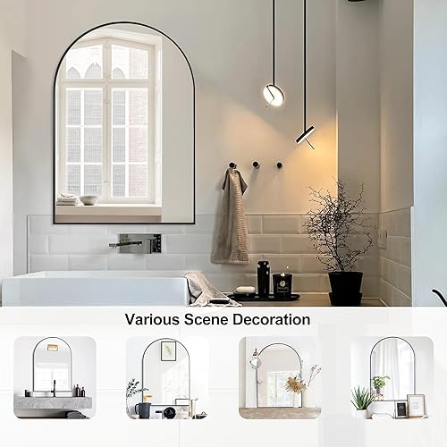 Miniatura 7 de Espejo de baño arqueado de 24 x 36 pulgadas con aleación de aluminio negro con marco mate, para dormitorio, tocador, entrada, sala de estar