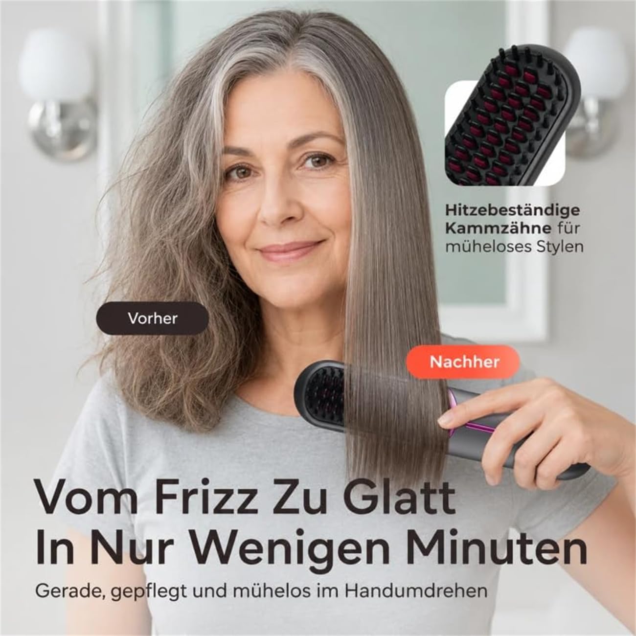 Kabellose Keramik‑Glättbürste mit Ionenfunktion – stylingbürste für kurze haare 3 Temperaturstufen (160/180/200°C), 5200mAh Akku, automatische Abschaltung, kompakt & leicht