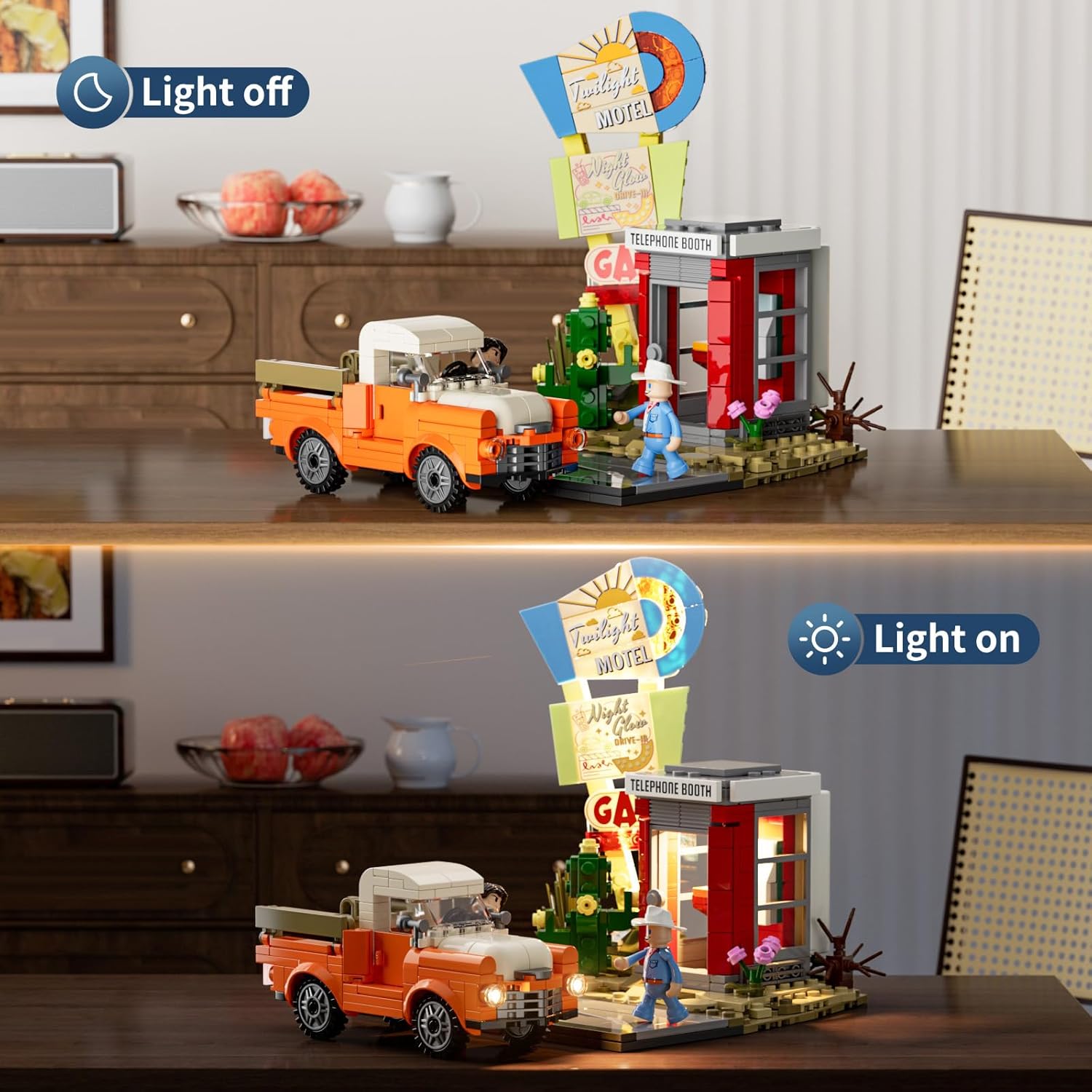 Lumibricks City Sunset-Stopover Lighting-Building-Bricks Set - Road Trip Car Station Modular Collection LED Light Building Set 455 Pcs for Adults, Teen and Travelling Enthusiasts