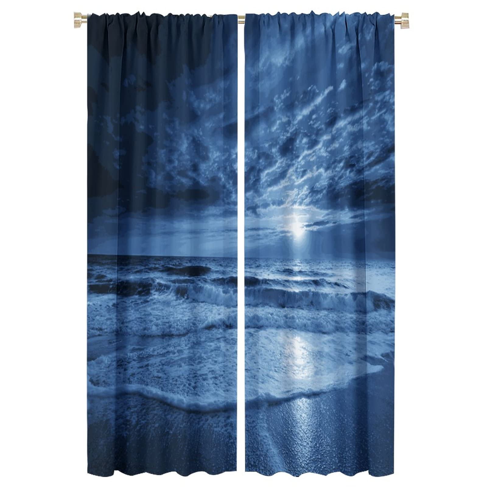 Night Sky Curtains Full Moon and Foggy Clouds with Sea Ocean Curtain for Bedroom Living Room Window Drapes 2 Panel 42W×63L Inch Blue White