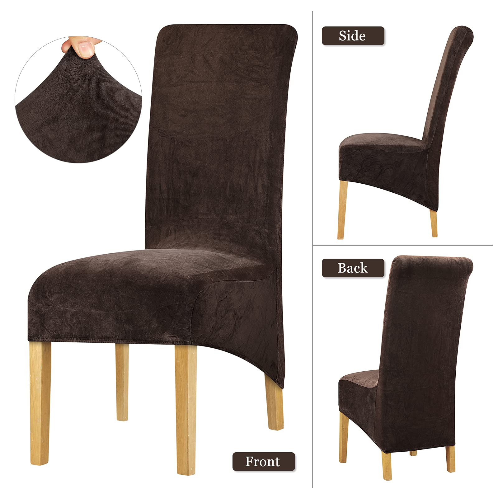 Leorate XL Chair Covers Stretch Velvet Chair Slipcover Roll Top High Back Chair Protector for Dining Room Wedding Party Restaurant Dark Coffee Pack of 4 - Image 3