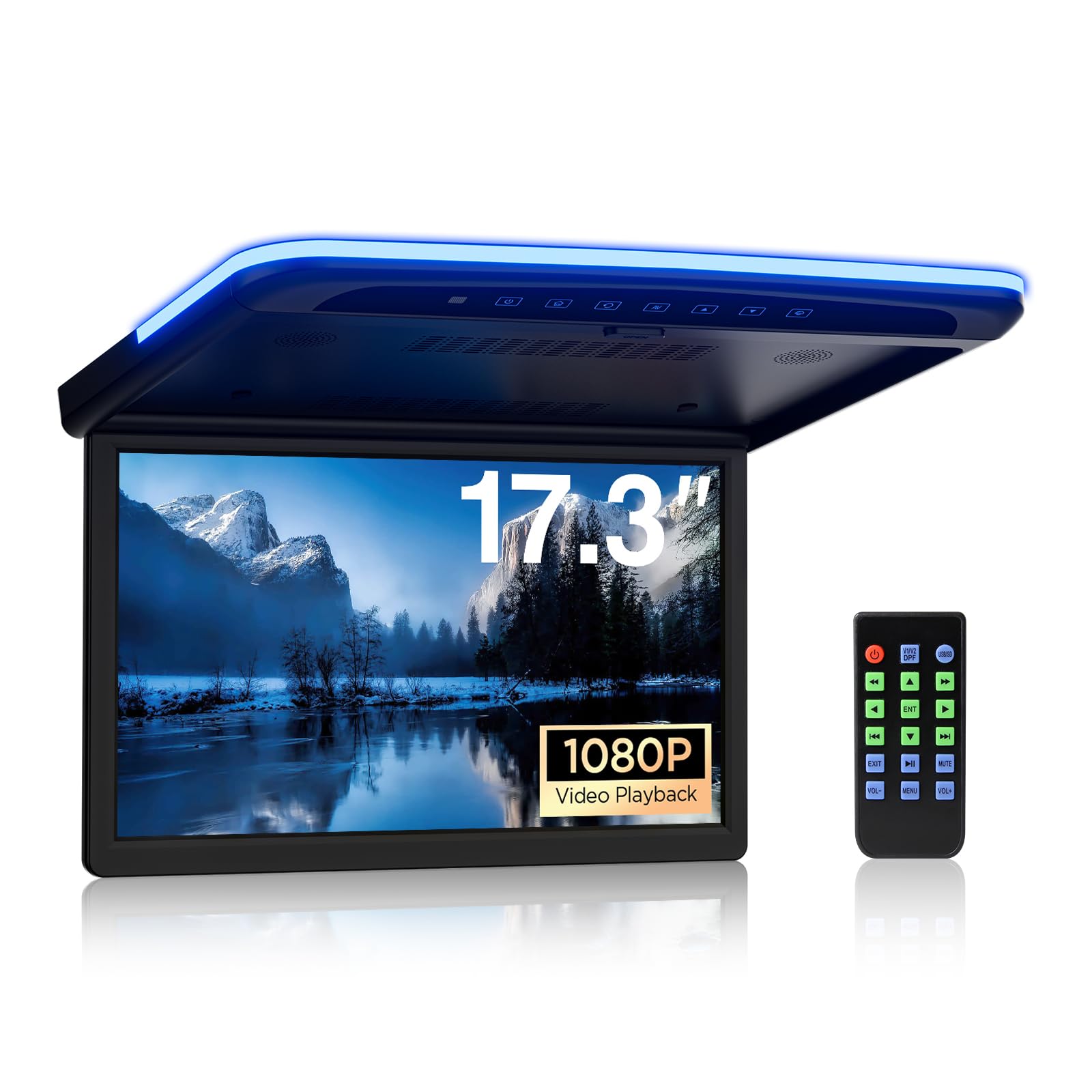Car Roof Mounted Monitor Car Overhead Player RicoRich 17.3 inch Vehicle Flip Down Overhead Screen 1080P Videos High Definition Digital TFT Wide Screen with HDMI FM TF USB Card Input(No DVD)