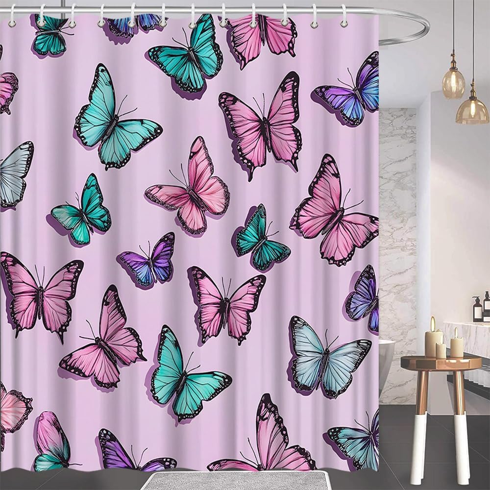 Butterfly Shower Curtain Teal Pink Blue Multicolored Butterflies Rustic Farmhouse Animal Bathroom Polyester Curtains Set with Hooks 75x70 Inch
