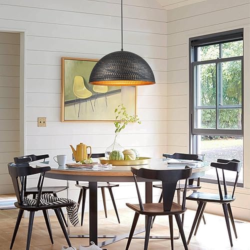 Miniatura 2 de Lámpara colgante martillada negra y dorada de 15.7 pulgadas, pantalla de cúpula de metal industrial, luces colgantes para isla de cocina, lámpara