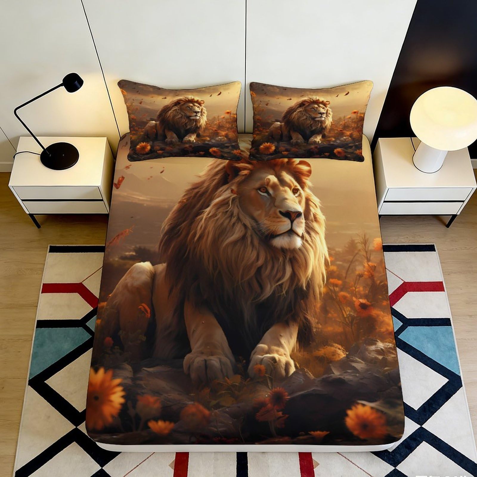 3D Printed Majestic Lion Fitted Sheet Microfiber Soft Anti-Slip Golden Savanna Mattress Cover for Bedroom Guest Room Decor 90x200x25cm