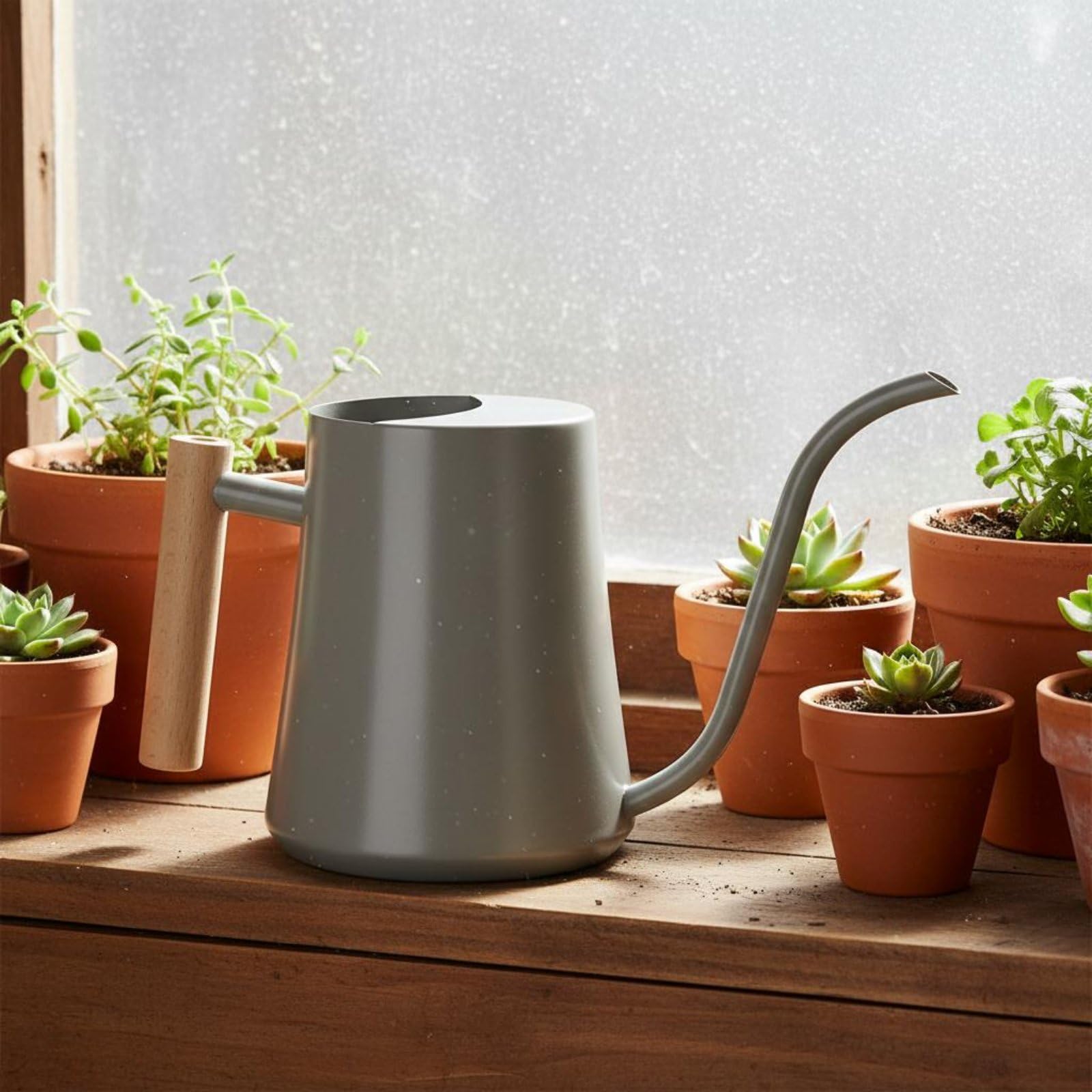 Annaffiatoio Acciaio Inox con Beccuccio Lungo Brocca Irrigazione Contenitore Acqua Innaffiatoio Piante Design con Coperchio Semichiuso Antiperdita Impugnatura Stabile Adatto per Balcone