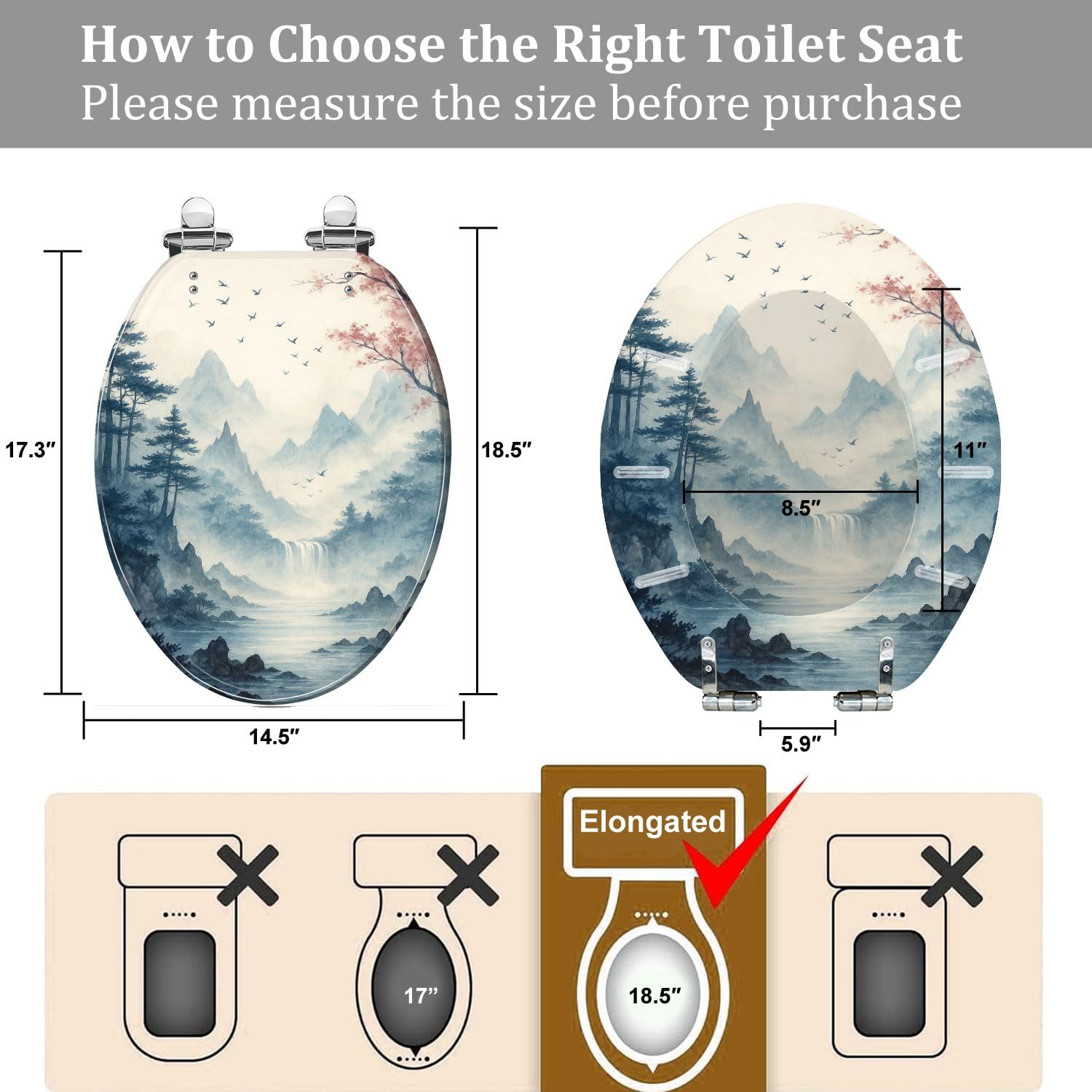 Asiento de inodoro decorativo alargado de resina, bisagras de liberación