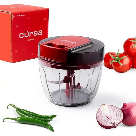 C?raa by YFL home ChopLab Lite Manual Chopper | 650 ml Portable Vegetable Chopper| Mini Chopper for Kitchen with Stainless Steel Blades for Chopping Onion, Ginger, Garlic, Vegetables, Herbs, Nuts |Red