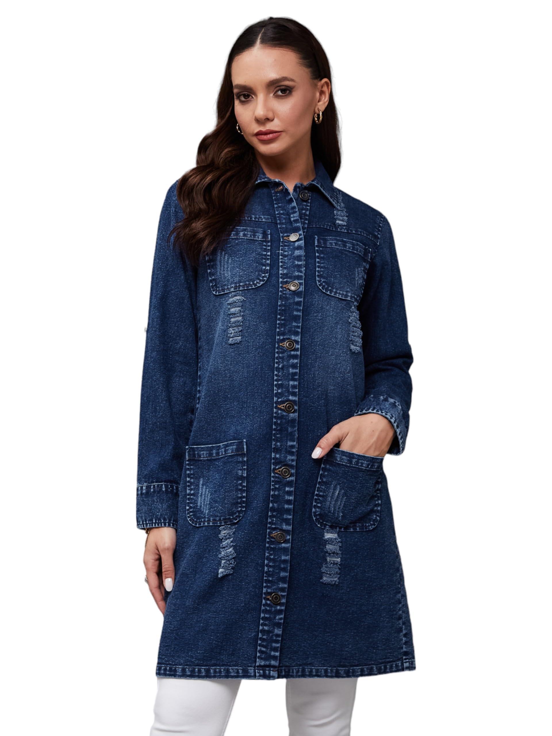 miss chase Women's Solid Polo Neck Full Sleeves Denim Overcoat Knee Length Jacket-picture-13