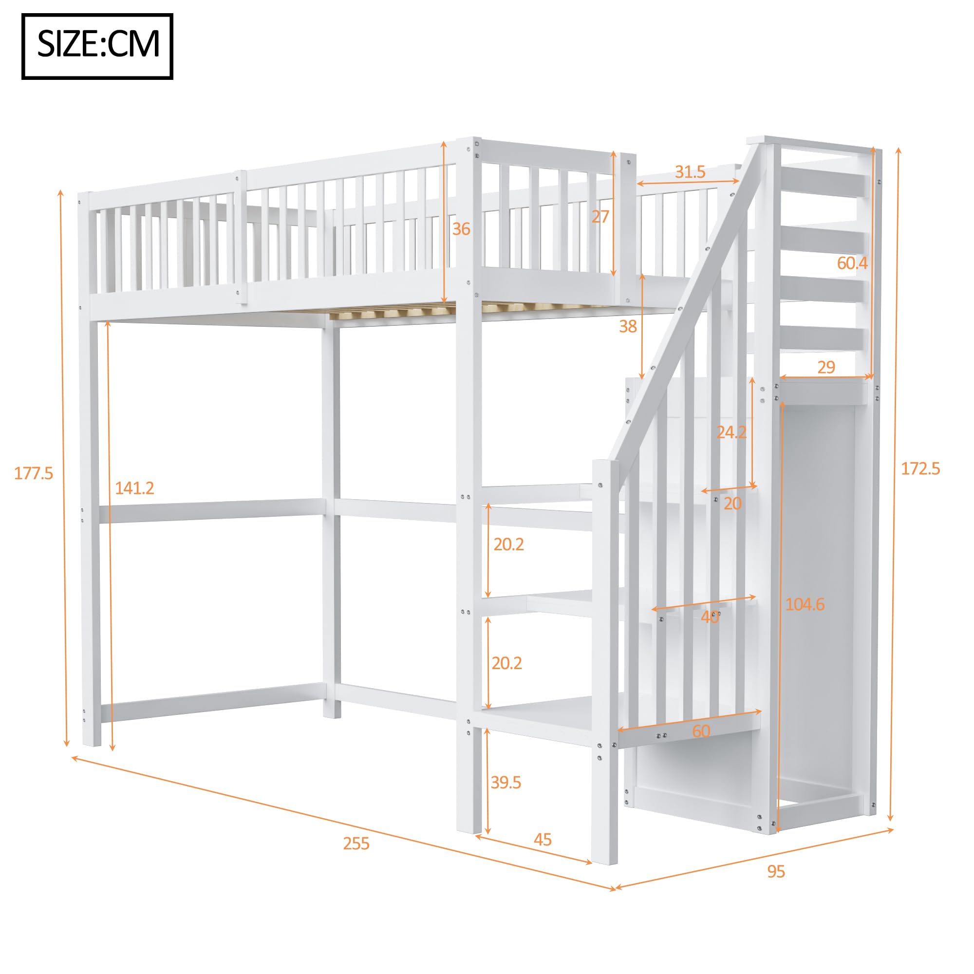 Azkoeesy Letto a soppalco singolo per bambini e adulti, con scala e armadio, protezione anticaduta e rete a doghe, spazio di archiviazione sotto il letto, bianco, 90 x 200 cm