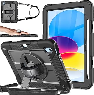 BMOUO iPad 10th Generation Case 10.9 inch 2022 - with Screen Protector, 360 Rotating Stand & Pencil Holder & Hand & Shoulder Strap Shockproof 10.9” iPad 10th Generation Case (iPad 10th Gen), Black