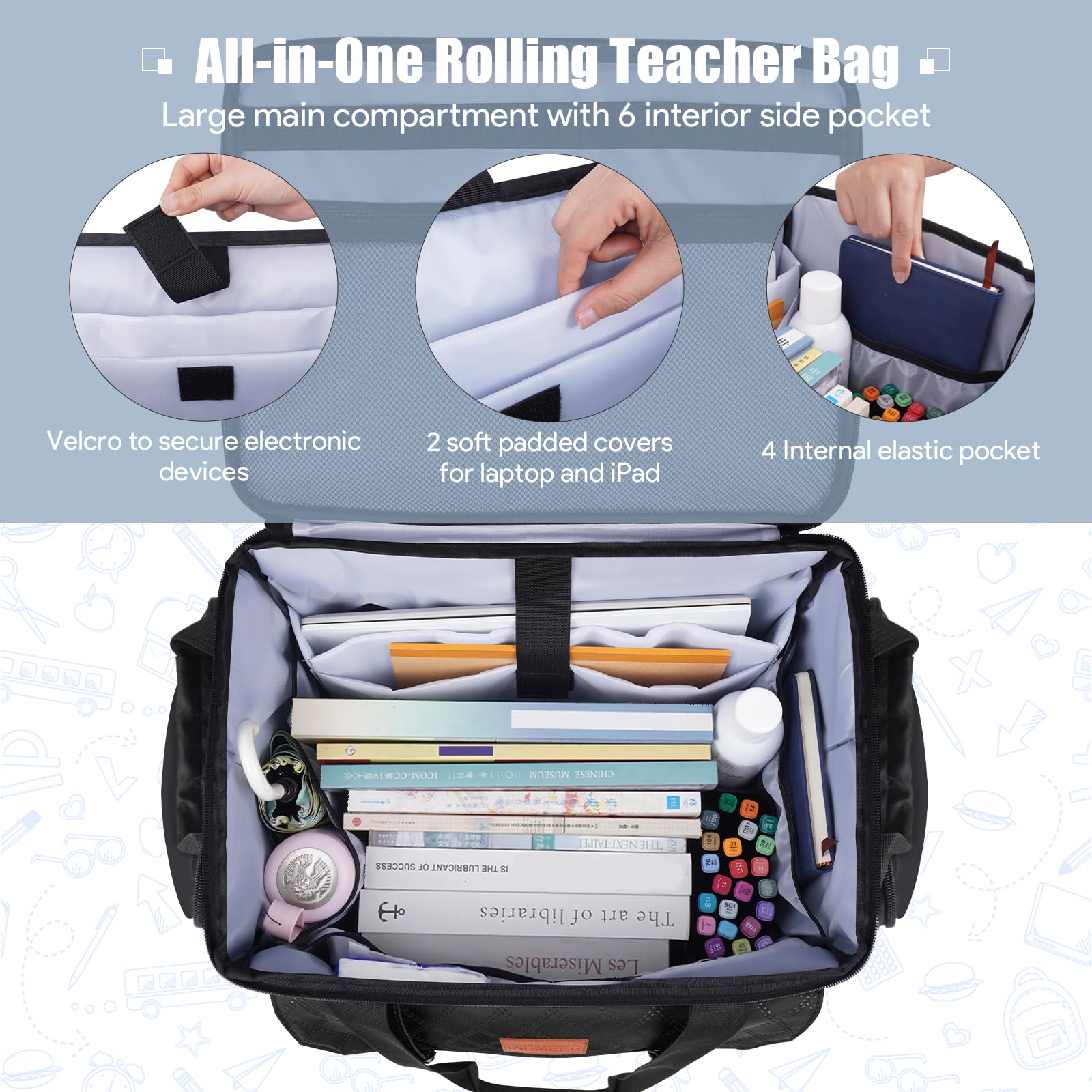INSMEER Sac à roulettes pour enseignant avec compartiment pour ordinateur portable de 15,6", sac fourre-tout à roulettes pour enseignants avec sac à déjeuner supplémentaire, sac à roulettes 3 en 1